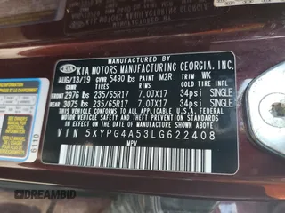 2020 Kia Sorento LX with VIN 5XYPG4A53LG622408, listed as a Copart auction lot 48819525 with 88,007 mi miles and Salvage Title. Bid and sale history available at DreamBid. Image 15.