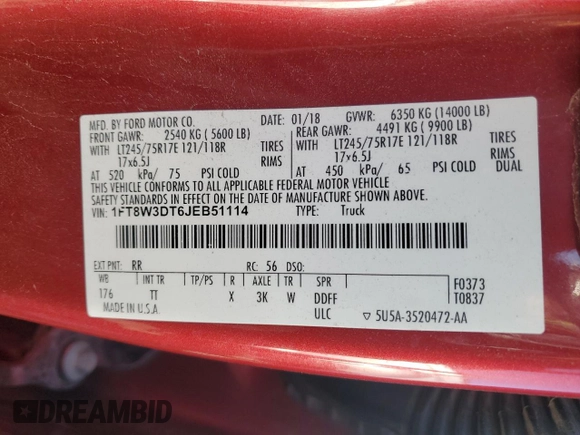 2018 Ford F-350 XL с VIN 1FT8W3DT6JEB51114, выставлен на аукционе Copart как лот 56500315 с пробегом 212 324 миль миль и Списание • Salvage title. История ставок и продаж доступна на DreamBid. Изображение 13.