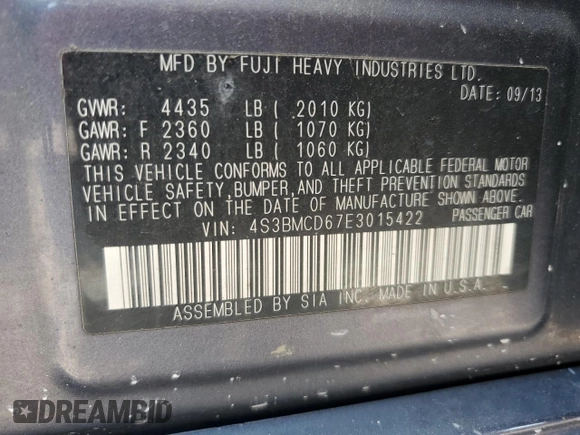 2014 Subaru Legacy Premium with VIN 4S3BMCD67E3015422, listed as a Copart auction lot 62313065 with 289,218 mi miles and Clean title. Bid and sale history available at DreamBid. Image 12.