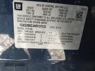 2017 GMC Yukon SLT with VIN 1GKS2BKC4HR197532, listed as a IAAI auction lot 41660783 with 143,721 mi miles and . Bid and sale history available at DreamBid. Image 9.