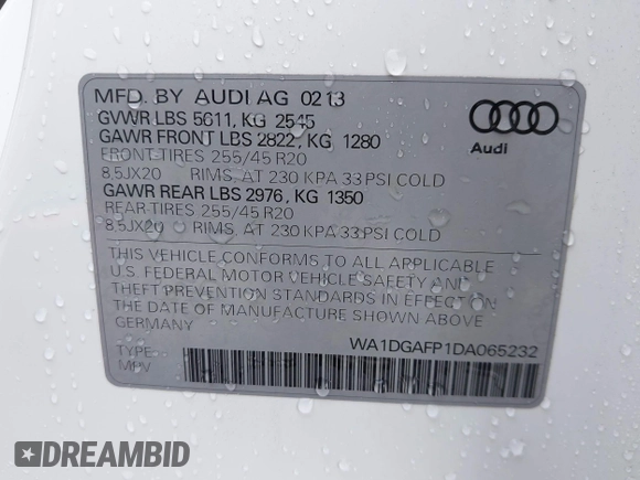 2013 Audi Q5 Premium Plus z VIN WA1DGAFP1DA065232, wystawiony jako IAAI lot #41159171 z przebiegiem 72 663 mil mil oraz . Historia ofert i sprzedaży dostępna na DreamBid. Obrazek 9.