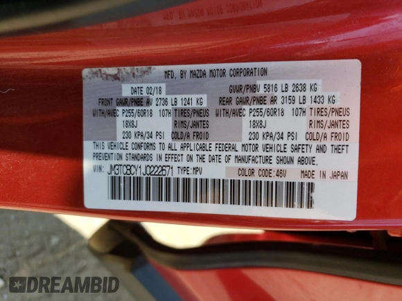 2018 Mazda CX-9 Touring with VIN JM3TCBCY1J0222671, listed as a Copart auction lot 60349454 with 87,646 mi miles and Salvage Title. Bid and sale history available at carsss.com. Image 13.