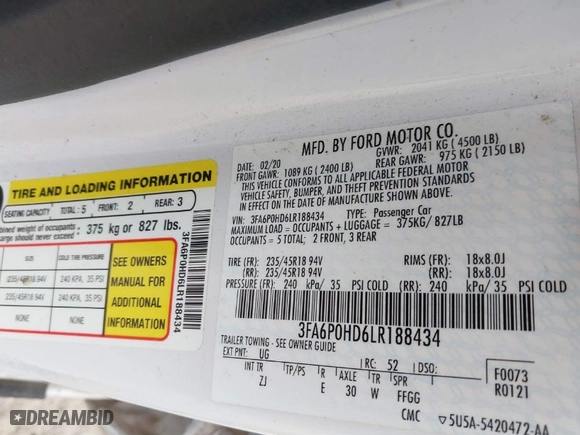 2020 Ford Fusion SE with VIN 3FA6P0HD6LR188434, listed as a IAAI auction lot 41528567 with 1 mi miles. Bid and sale history available at carsss.com. Image 9.