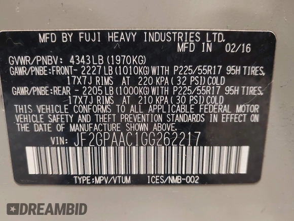 2016 Subaru Crosstrek with VIN JF2GPAAC1GG262217, listed as a IAAI auction lot 42080083 with 150,052 mi miles. Bid and sale history available at carsss.com. Image 9.
