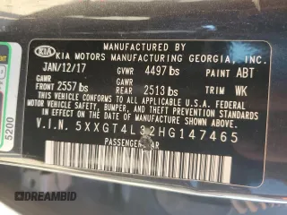 2017 Kia Optima LX with VIN 5XXGT4L32HG147465, listed as a Copart auction lot 48656825 with 183,438 mi miles and Salvage Title. Bid and sale history available at carsss.com. Image 12.