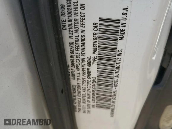 1999 Subaru Legacy Outback with VIN 4S3BG6855X7645042, listed as a Copart auction lot 55452095 with 159,874 mi miles and Salvage title. Bid and sale history available at DreamBid. Image 12.
