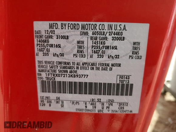 2003 Ford F-150 XL with VIN 1FTRX07213KB93777, listed as a Copart auction lot 46950285 with 176,332 mi miles and Salvage title. Bid and sale history available at DreamBid. Image 14.