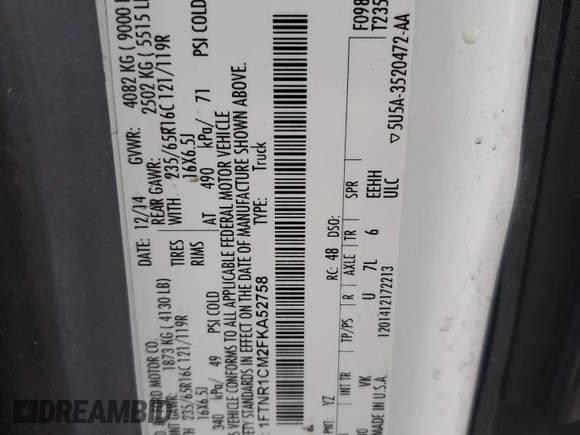 2015 Ford Transit Cargo с VIN 1FTNR1CM2FKA52758, выставлен на аукционе Copart как лот 57888505 с пробегом 65 529 миль миль и Списание • Salvage title. История ставок и продаж доступна на DreamBid. Изображение 12.
