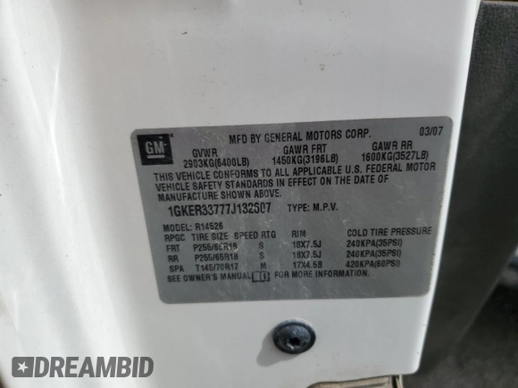 2007 GMC Acadia SLT z VIN 1GKER33777J132607, wystawiony jako Copart lot #54617645 z przebiegiem 329 756 mil mil oraz Szkoda całkowita • Salvage title. Historia ofert i sprzedaży dostępna na DreamBid. Obrazek 13.