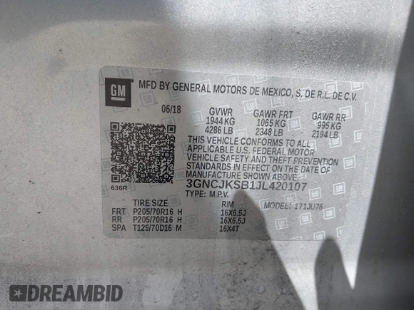 2018 Chevrolet Trax LS with VIN 3GNCJKSB1JL420107, listed as a IAAI auction lot 42129972 with 595,541 mi miles. Bid and sale history available at carsss.com. Image 9.