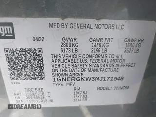 2022 Chevrolet Traverse LT Cloth с VIN 1GNERGKW3NJ171548, выставлен на аукционе IAAI как лот 42506970 с пробегом 39 719 миль миль и . История ставок и продаж доступна на DreamBid. Изображение 9.