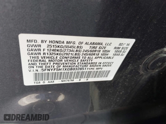 2016 Honda Pilot LX with VIN 5FNYF5H1XGB032851, listed as a IAAI auction lot 41998989 with 68,882 mi miles and . Bid and sale history available at DreamBid. Image 9.