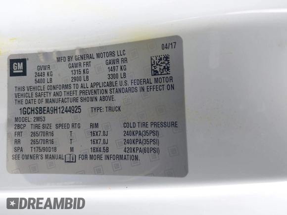2017 Chevrolet Colorado 2WD WT with VIN 1GCHSBEA9H1244925, listed as a IAAI auction lot 41625452 with 141,503 mi miles. Bid and sale history available at carsss.com. Image 9.
