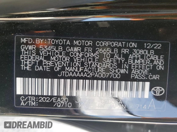 2023 Toyota Mirai XLE with VIN JTDAAAAA2PA007700, listed as a Copart auction lot 50398925 with 21,344 mi miles and Salvage Title. Bid and sale history available at carsss.com. Image 12.