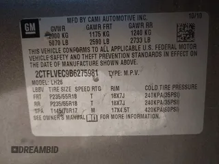 2011 GMC Terrain SLT-1 with VIN 2CTFLVEC9B6275981, listed as a IAAI auction lot 41678281 with 180,088 mi miles and . Bid and sale history available at DreamBid. Image 9.