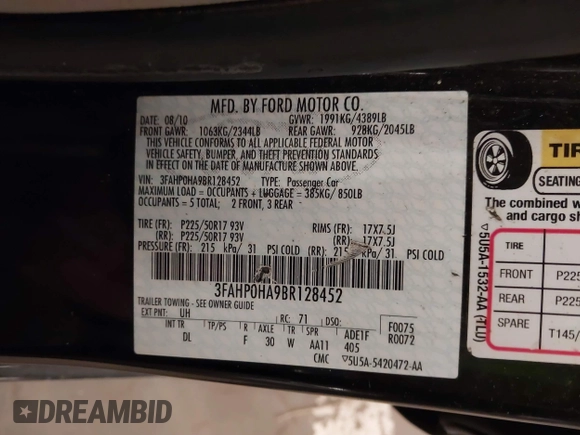 2011 Ford Fusion SE with VIN 3FAHP0HA9BR128452, listed as a IAAI auction lot 41798473 with 136,844 mi miles. Bid and sale history available at carsss.com. Image 9.