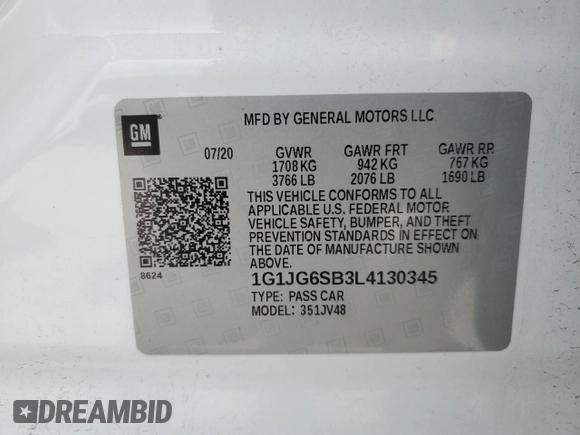 2020 Chevrolet Sonic LT with VIN 1G1JG6SB3L4130345, listed as a Copart auction lot 52098025 with 62,577 mi miles and Salvage title. Bid and sale history available at DreamBid. Image 13.
