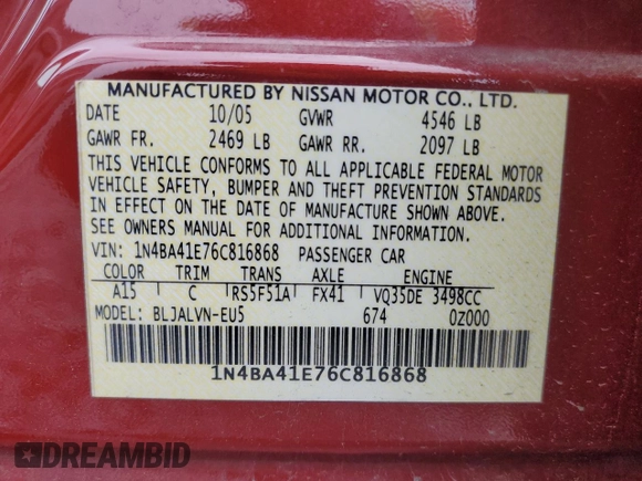 2006 Nissan Maxima 3.5 SL with VIN 1N4BA41E76C816868, listed as a Copart auction lot 81085194 with 95,710 mi miles and Salvage Title. Bid and sale history available at carsss.com. Image 14.