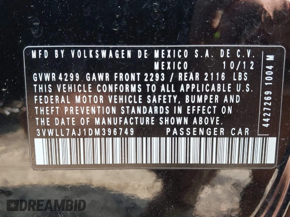 2013 Volkswagen Jetta TDI w/Premium/Nav with VIN 3VWLL7AJ1DM396749, listed as a IAAI auction lot 42403933 with 88,777 mi miles and . Bid and sale history available at DreamBid. Image 9.