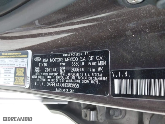 2017 Kia Forte S with VIN 3KPFL4A7XHE083959, listed as a IAAI auction lot 41348053 with NaN miles. Bid and sale history available at carsss.com. Image 9.