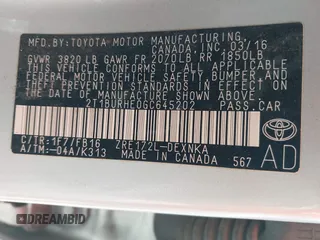 2016 Toyota Corolla L z VIN 2T1BURHE0GC645202, wystawiony jako IAAI lot #42206692 z przebiegiem 147 227 mil mil oraz . Historia ofert i sprzedaży dostępna na DreamBid. Obrazek 9.