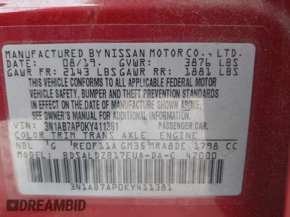 2019 Nissan Sentra SV with VIN 3N1AB7AP0KY411381, listed as a IAAI auction lot 41912348 with 61,965 mi miles and . Bid and sale history available at DreamBid. Image 9.