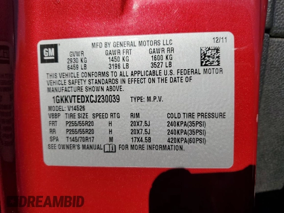 2012 GMC Acadia Denali z VIN 1GKKVTEDXCJ230039, wystawiony jako Copart lot #51900335 z przebiegiem 149 645 mil mil oraz Szkoda całkowita • Salvage title. Historia ofert i sprzedaży dostępna na DreamBid. Obrazek 13.