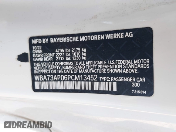 2023 BMW 4 Series 430i xDrive with VIN WBA73AP06PCM13452, listed as a IAAI auction lot 42546869 with 42,625 mi miles and . Bid and sale history available at DreamBid. Image 9.