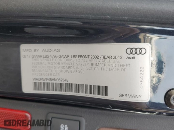 2017 Audi A4 Prestige with VIN WAUFNAF45HN062548, listed as a Copart auction lot 85159044 with 135,812 mi miles and Salvage Title. Bid and sale history available at carsss.com. Image 14.