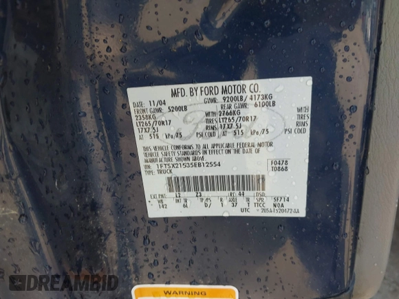 2005 Ford F-250 XL with VIN 1FTSX21535EB12554, listed as a IAAI auction lot 42370629 with 107,235 mi miles and . Bid and sale history available at DreamBid. Image 9.
