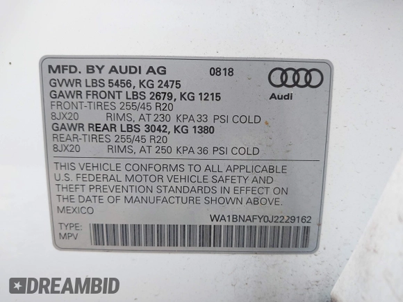 2018 Audi Q5 Premium Plus with VIN WA1BNAFY0J2229162, listed as a IAAI auction lot 41999424 with 36,340 mi miles. Bid and sale history available at carsss.com. Image 9.