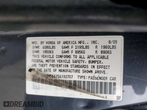 2005 Honda Accord LX with VIN 1HGCM56475A192707, listed as a Copart auction lot 47894425 with 239,487 mi miles and Salvage title. Bid and sale history available at DreamBid. Image 12.