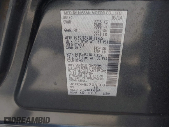 2014 Nissan Pathfinder Platinum with VIN 5N1AR2MN4EC703503, listed as a IAAI auction lot 41544972 with 162,287 mi miles and . Bid and sale history available at DreamBid. Image 9.