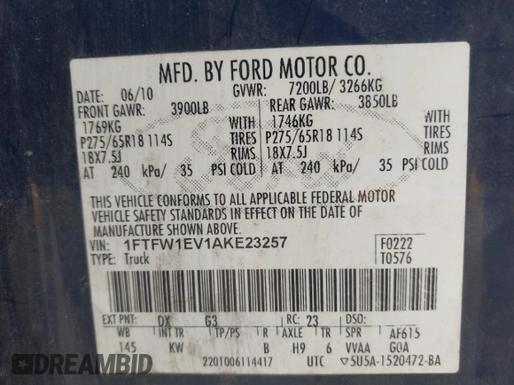 2010 Ford F-150 XL with VIN 1FTFW1EV1AKE23257, listed as a IAAI auction lot 42612845 with 336,794 mi miles and . Bid and sale history available at DreamBid. Image 9.