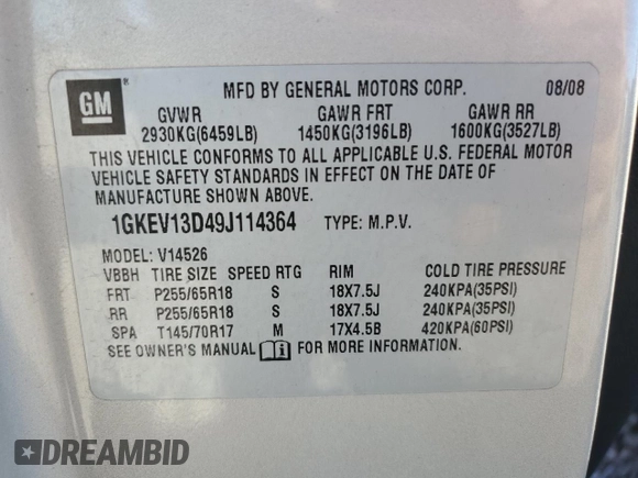 2009 GMC Acadia SLE1 z VIN 1GKEV13D49J114364, wystawiony jako Copart lot #77308824 z przebiegiem 121 530 mil mil oraz Szkoda całkowita • Salvage title. Historia ofert i sprzedaży dostępna na DreamBid. Obrazek 13.