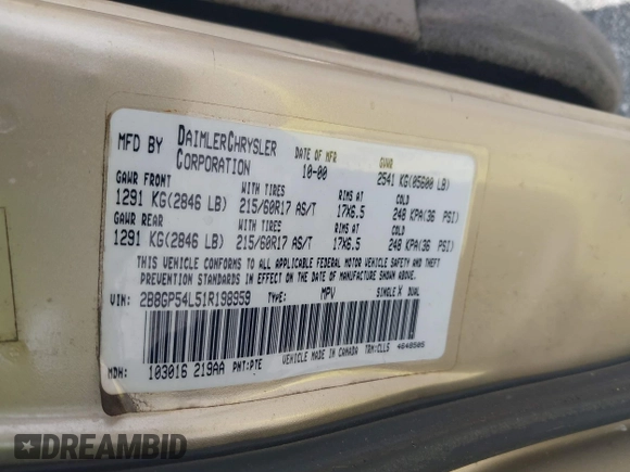 2001 Dodge Caravan ES with VIN 2B8GP54L51R198959, listed as a IAAI auction lot 41941050 with 208,396 mi miles and . Bid and sale history available at carsss.com. Image 9.
