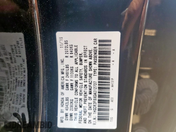 2016 Honda Accord Touring with VIN 1HGCR3F9XGA012737, listed as a Copart auction lot 58274935 with 69,715 mi miles and Salvage title. Bid and sale history available at DreamBid. Image 13.