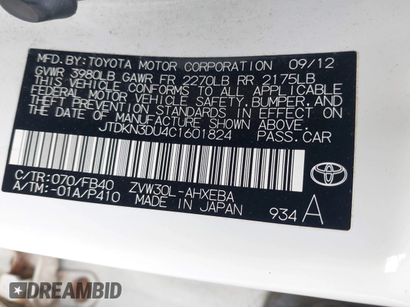 2012 Toyota Prius One with VIN JTDKN3DU4C1601824, listed as a IAAI auction lot 41950455 with 142,068 mi miles and . Bid and sale history available at DreamBid. Image 9.