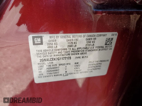 2016 Chevrolet Equinox LT with VIN 2GNALCEK7G1177173, listed as a Copart auction lot 53315355 with 172,386 mi miles and Salvage Title. Bid and sale history available at carsss.com. Image 13.