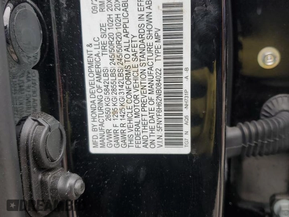 2022 Honda Pilot Touring 7-Passenger with VIN 5FNYF6H62NB084022, listed as a Copart auction lot 44793355 with 62,906 mi miles and Salvage Title. Bid and sale history available at carsss.com. Image 15.