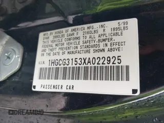 1999 Honda Accord EX z VIN 1HGCG3153XA022925, wystawiony jako IAAI lot #42377832 z przebiegiem 163 239 mil mil oraz . Historia ofert i sprzedaży dostępna na DreamBid. Obrazek 9.