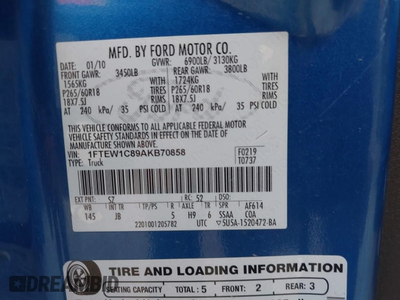 2010 Ford F-150 XL with VIN 1FTEW1C89AKB70858, listed as a IAAI auction lot 42175349 with 346,206 mi miles and . Bid and sale history available at DreamBid. Image 9.