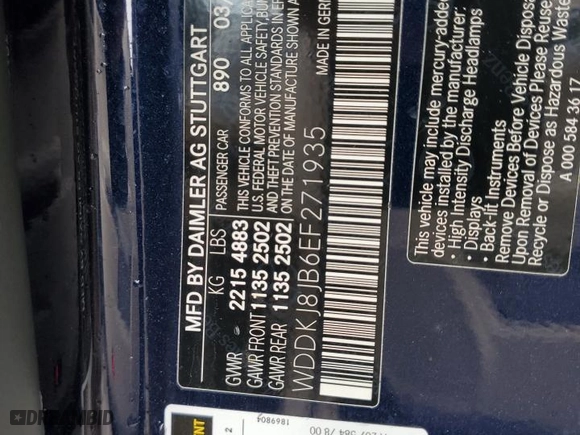 2014 Mercedes-Benz E-Class E 350 with VIN WDDKJ8JB6EF271935, listed as a Copart auction lot 43594495 with 96,964 mi miles and Salvage Title. Bid and sale history available at carsss.com. Image 13.