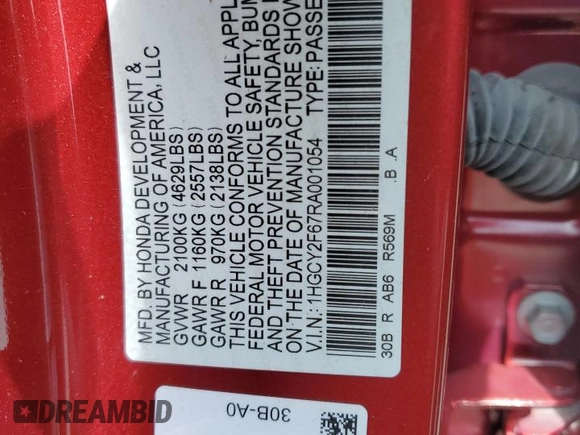 2024 Honda Accord EX-L with VIN 1HGCY2F67RA001054, listed as a Copart auction lot 65442525 with 16,994 mi miles and Salvage title. Bid and sale history available at DreamBid. Image 12.