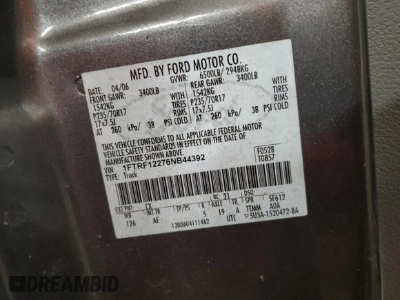 2006 Ford F-150 XL with VIN 1FTRF12276NB44392, listed as a Copart auction lot 55425455 with 80,144 mi miles and Salvage title. Bid and sale history available at DreamBid. Image 13.