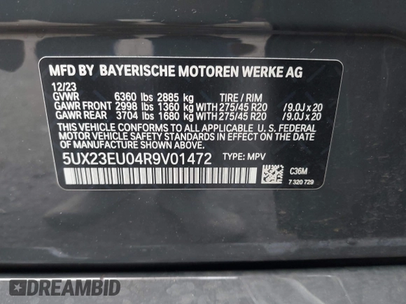 2024 BMW X5 xDrive40i with VIN 5UX23EU04R9V01472, listed as a IAAI auction lot 42295129 with 11,254 mi miles and . Bid and sale history available at DreamBid. Image 9.