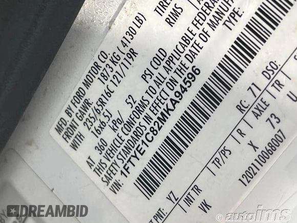 2021 Ford Transit Cargo с VIN 1FTYE1C82MKA94596, выставлен на аукционе IAAI как лот 42868188 с пробегом 91 455 миль миль и . История ставок и продаж доступна на DreamBid. Изображение 5.