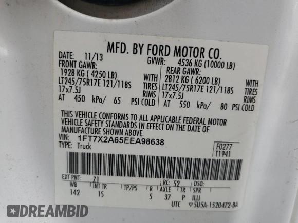 2014 Ford F-250 XLT with VIN 1FT7X2A65EEA98638, listed as a Copart auction lot 60948084 with 319,812 mi miles and Salvage title. Bid and sale history available at DreamBid. Image 12.