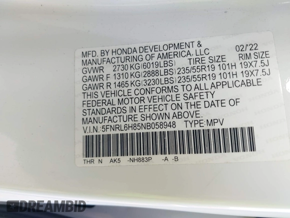 2022 Honda Odyssey Touring with VIN 5FNRL6H85NB058948, listed as a IAAI auction lot 42579157 with 53,669 mi miles and . Bid and sale history available at DreamBid. Image 9.
