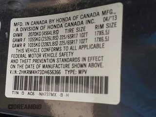 2013 Honda CR-V EX-L with VIN 2HKRM4H73DH656366, listed as a IAAI auction lot 41998244 with 124,864 mi miles. Bid and sale history available at carsss.com. Image 9.